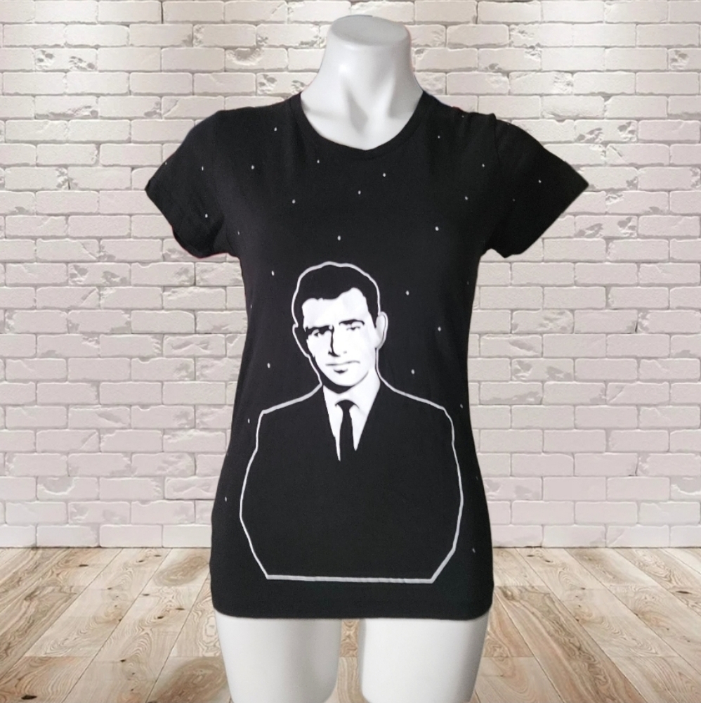 Rod Serling  Twilight Zone Black Graphic T-Shirt with White Design